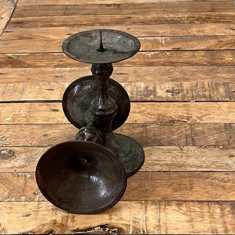 Vintage Brass Pillar Candle Holders Set of 2 Turned Stem Design